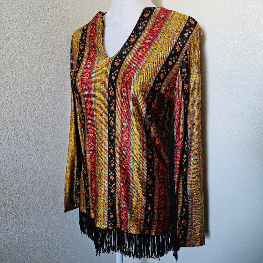 Vintage ILGWU Union Made Fringe Tunic Top Multi-Color Striped Boho
